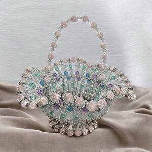 Vintage Handmade Safety Pin Ruffled Bead Basket White Purple Pink Easter 12"